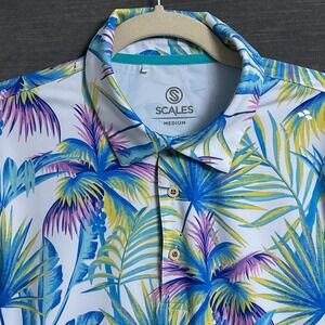 Scales Polo Shirt M Blue Tropical Performance Stretch Comfort Preppy Golf Casual